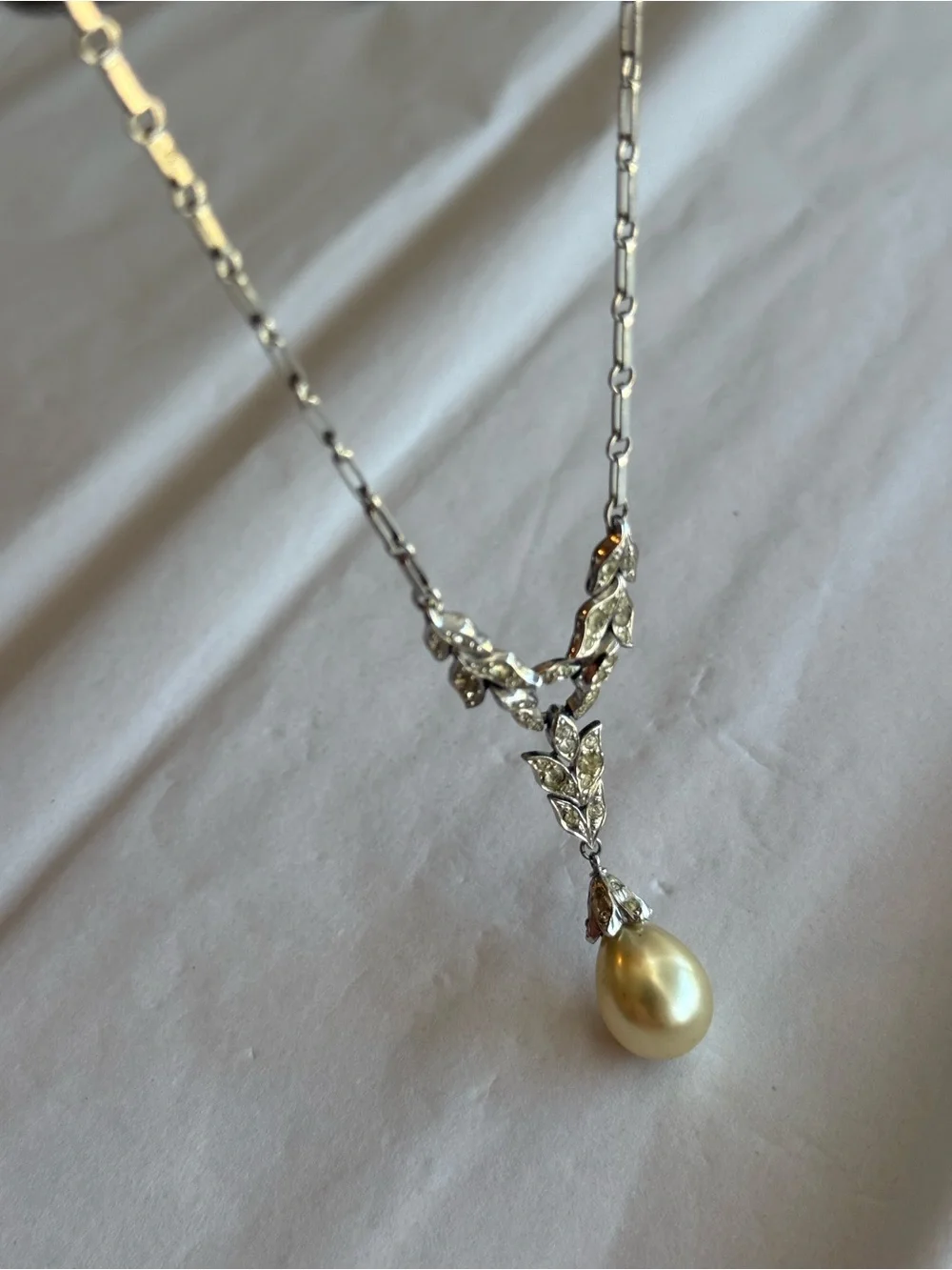 TRIFARI | 40s “Alfred Phillippe” Pave Rhinestone Faux Pearl Sterling Necklace